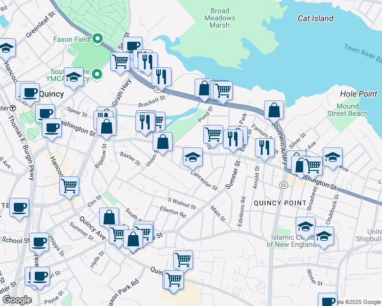 map of restaurants, bars, coffee shops, grocery stores, and more near 9 Lowe Street in Quincy