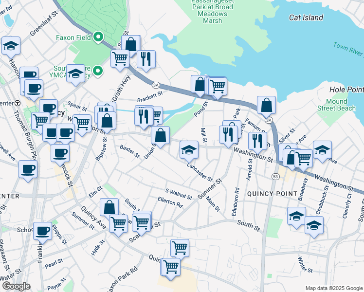 map of restaurants, bars, coffee shops, grocery stores, and more near 9 Lowe Street in Quincy