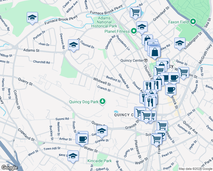 map of restaurants, bars, coffee shops, grocery stores, and more near 46 Cranch Street in Quincy
