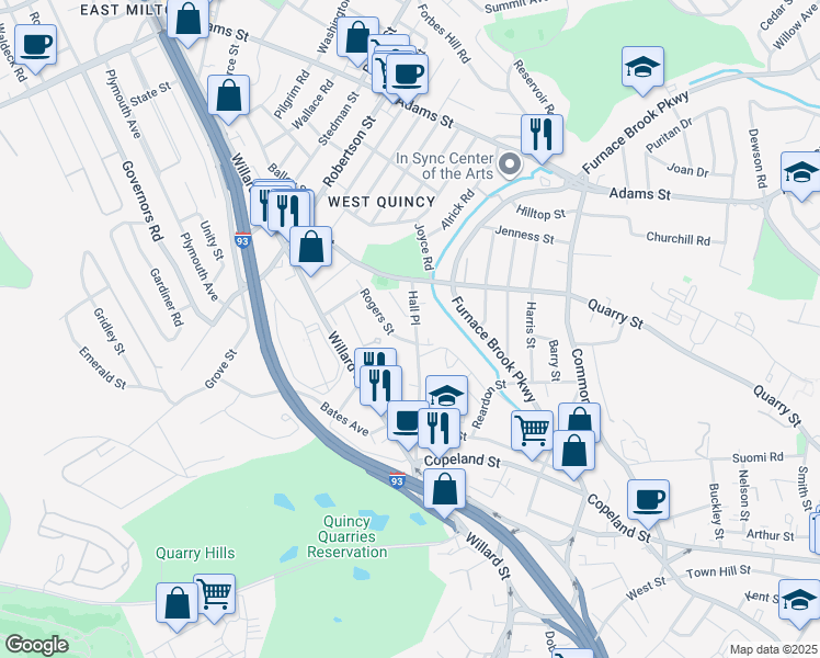 map of restaurants, bars, coffee shops, grocery stores, and more near 50 Hall Place in Quincy