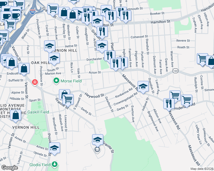 map of restaurants, bars, coffee shops, grocery stores, and more near 40 Park Terrace Road in Worcester