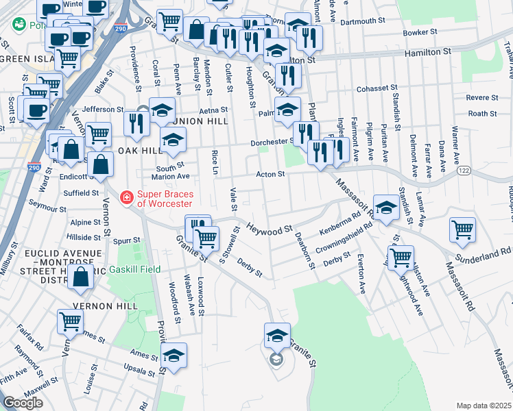 map of restaurants, bars, coffee shops, grocery stores, and more near 116 Houghton Street in Worcester