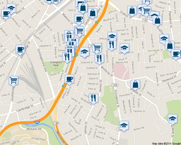 map of restaurants, bars, coffee shops, grocery stores, and more near 76 Seymour Street in Worcester