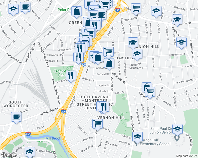 map of restaurants, bars, coffee shops, grocery stores, and more near 56 Seymour Street in Worcester