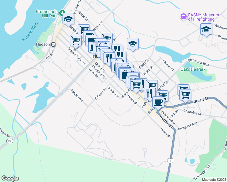 map of restaurants, bars, coffee shops, grocery stores, and more near 431-33 Allen Street in Hudson