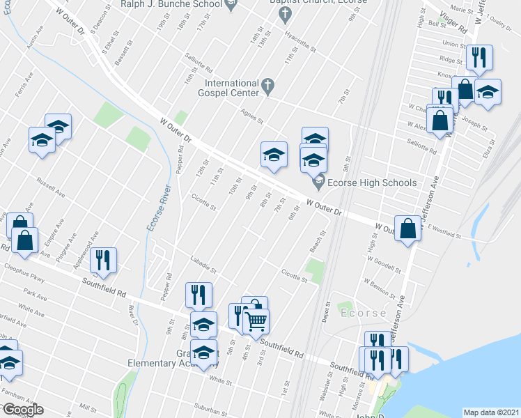 map of restaurants, bars, coffee shops, grocery stores, and more near 4265 8th Street in Ecorse