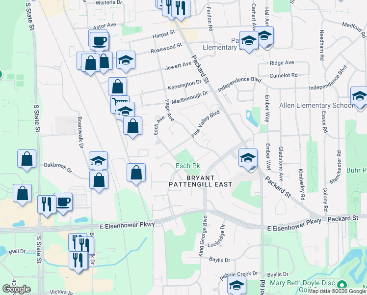 map of restaurants, bars, coffee shops, grocery stores, and more near 1434 Pine Valley Boulevard in Ann Arbor