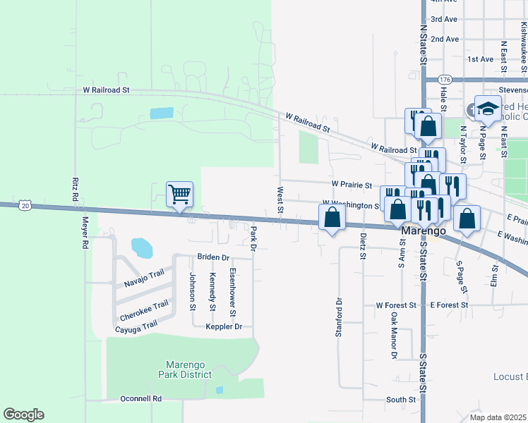 map of restaurants, bars, coffee shops, grocery stores, and more near 722 West Grant Highway in Marengo