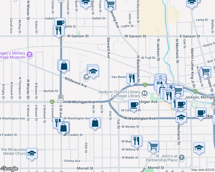 map of restaurants, bars, coffee shops, grocery stores, and more near 512 Wildwood Avenue in Jackson