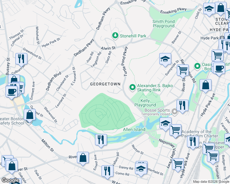 map of restaurants, bars, coffee shops, grocery stores, and more near 6 Maple Leaf Drive in Boston