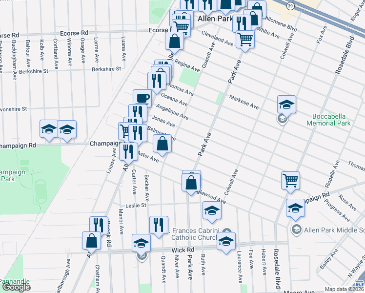 map of restaurants, bars, coffee shops, grocery stores, and more near 15590 Champaign Road in Allen Park