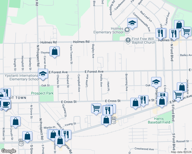 map of restaurants, bars, coffee shops, grocery stores, and more near 658 Bagley Avenue in Ypsilanti
