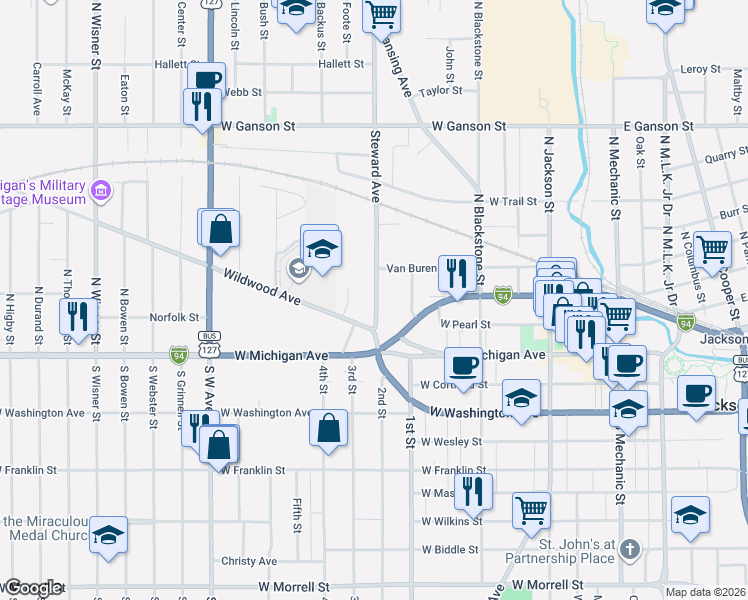 map of restaurants, bars, coffee shops, grocery stores, and more near 512 Wildwood Avenue in Jackson