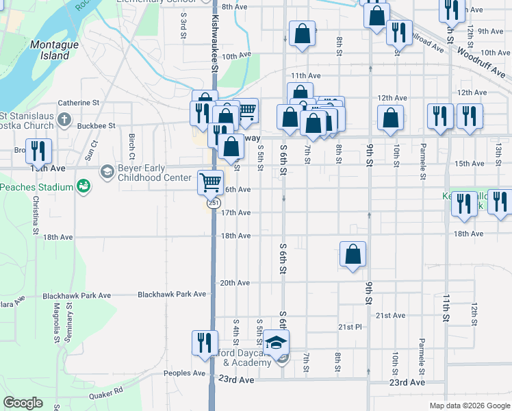 map of restaurants, bars, coffee shops, grocery stores, and more near 904 17th Avenue in Rockford