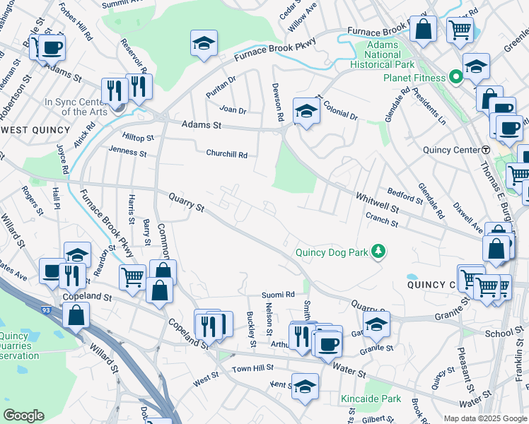 map of restaurants, bars, coffee shops, grocery stores, and more near Cityview Lane in Quincy