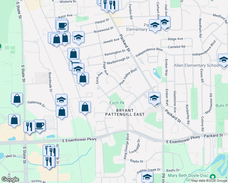map of restaurants, bars, coffee shops, grocery stores, and more near 1434 Pine Valley Boulevard in Ann Arbor