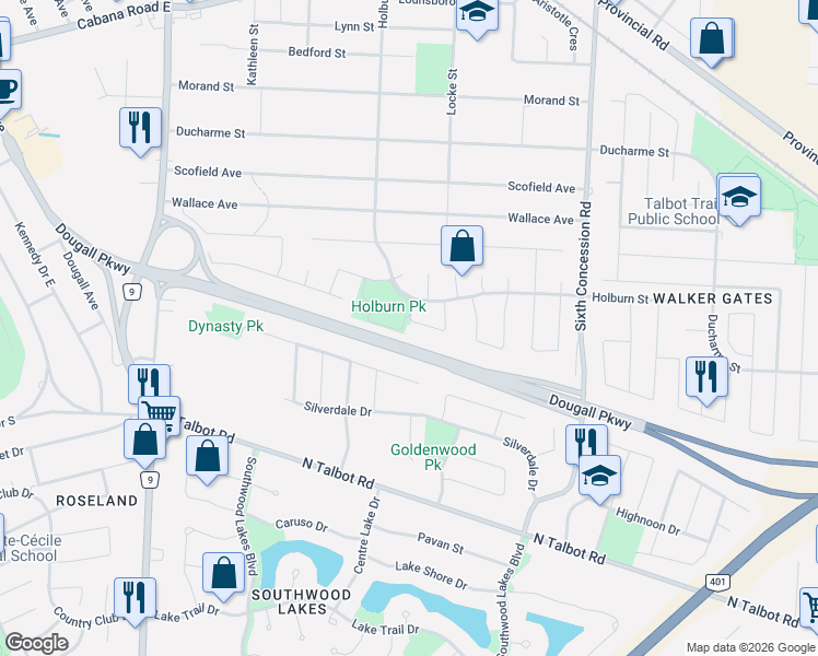 map of restaurants, bars, coffee shops, grocery stores, and more near 4239 Providence Crescent in Windsor
