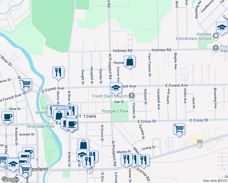 map of restaurants, bars, coffee shops, grocery stores, and more near 622 North Prospect Road in Ypsilanti