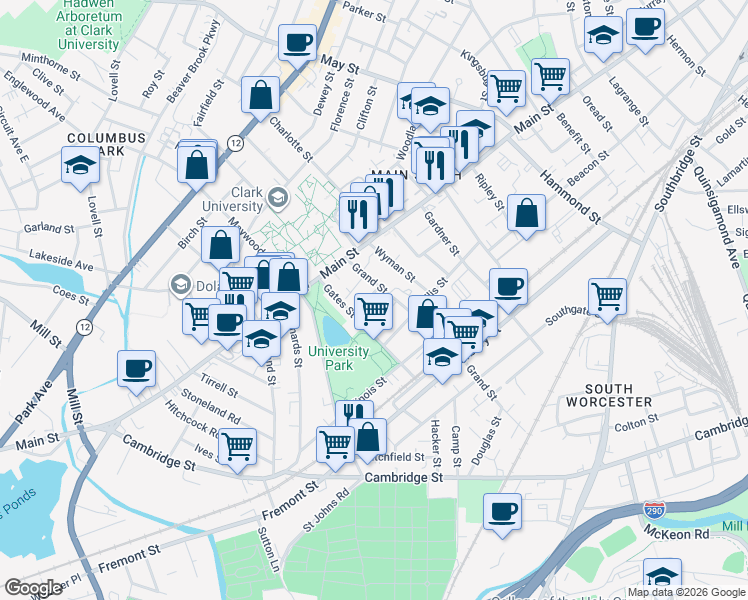 map of restaurants, bars, coffee shops, grocery stores, and more near 1 Cheney Street in Worcester