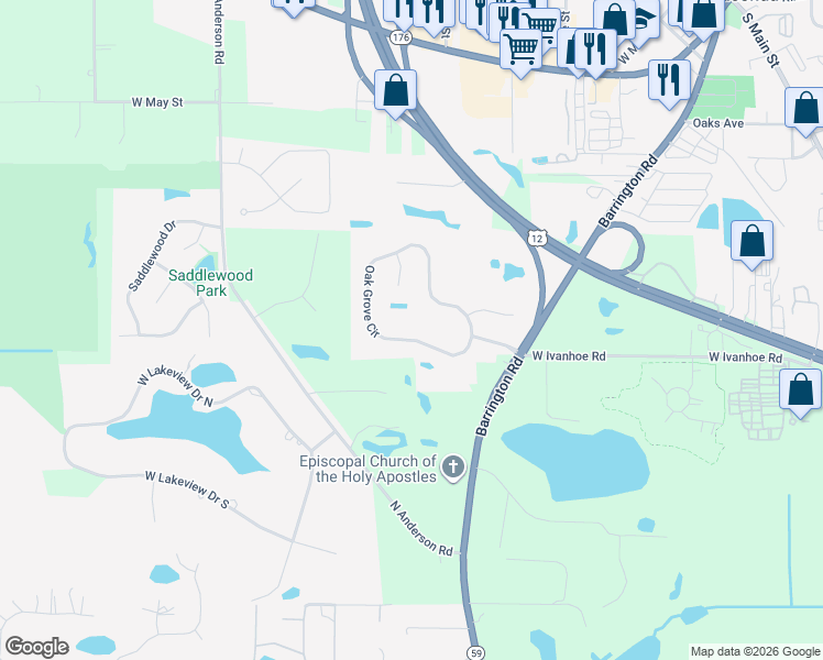map of restaurants, bars, coffee shops, grocery stores, and more near 450 Oak Grove Circle in Wauconda