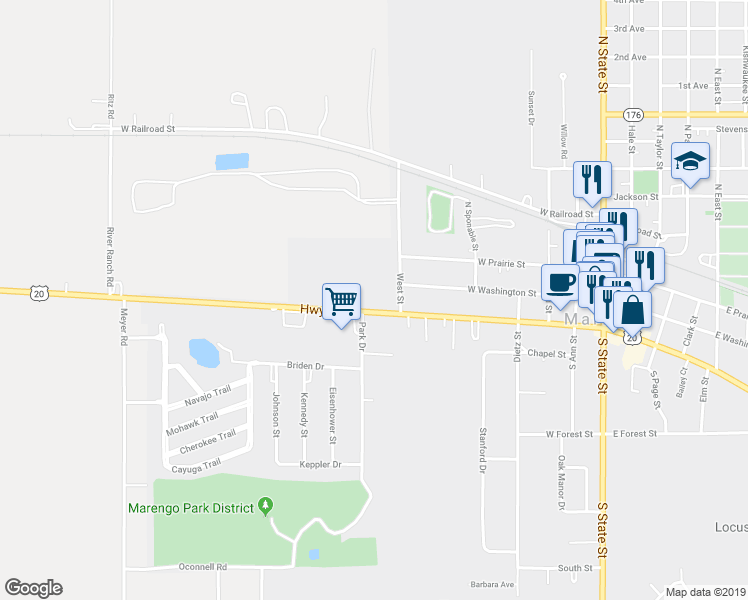 map of restaurants, bars, coffee shops, grocery stores, and more near 722 West Grant Highway in Marengo