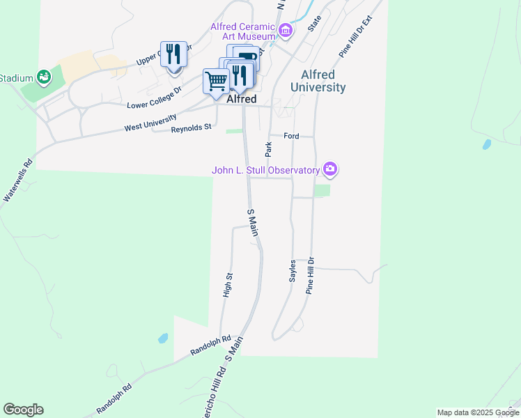 map of restaurants, bars, coffee shops, grocery stores, and more near 57 South Main in Alfred