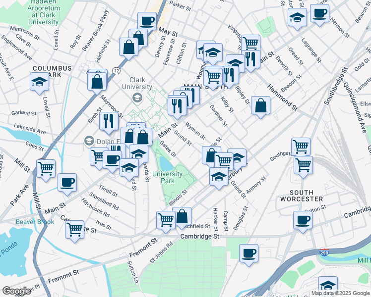 map of restaurants, bars, coffee shops, grocery stores, and more near 1 Cheney Street in Worcester