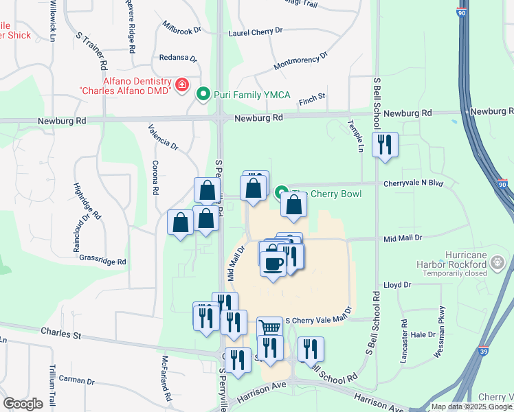 map of restaurants, bars, coffee shops, grocery stores, and more near 7105 Cherryvale North Boulevard in Rockford