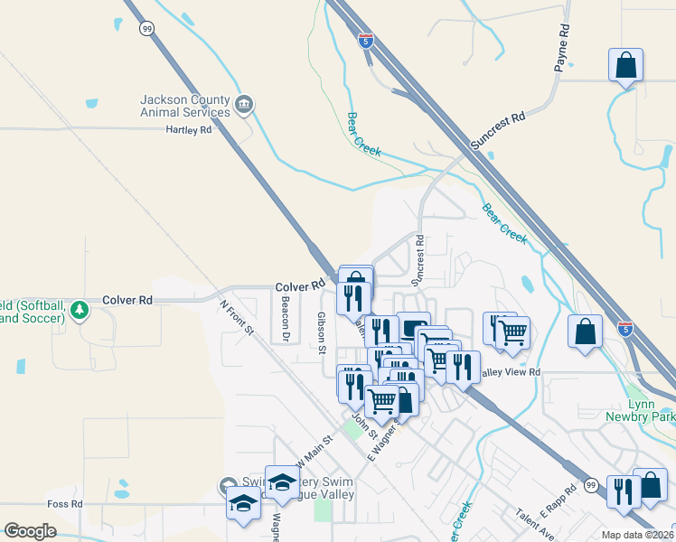 map of restaurants, bars, coffee shops, grocery stores, and more near 5421 North Pacific Highway in Talent