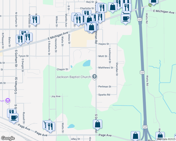 map of restaurants, bars, coffee shops, grocery stores, and more near 502 South Dettman Road in Jackson