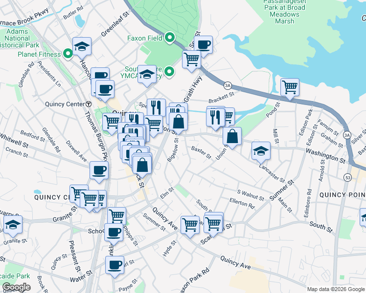 map of restaurants, bars, coffee shops, grocery stores, and more near 141 Elm Street in Quincy