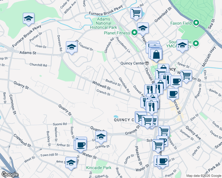 map of restaurants, bars, coffee shops, grocery stores, and more near 220 Whitwell Street in Quincy