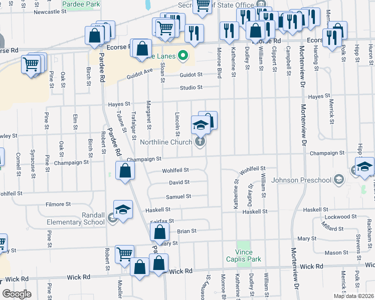 map of restaurants, bars, coffee shops, grocery stores, and more near 22234 Champaign Street in Taylor