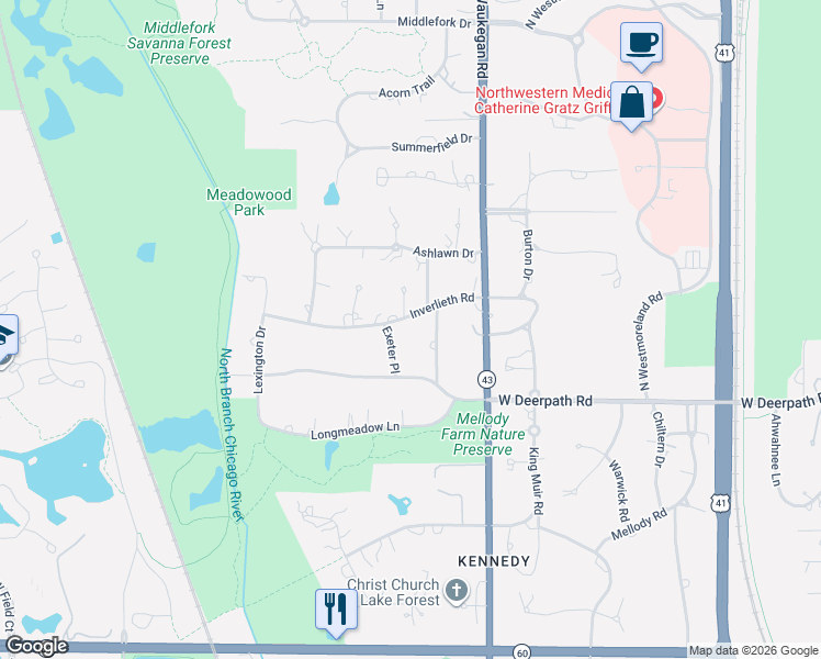 map of restaurants, bars, coffee shops, grocery stores, and more near 512 Greenvale Road in Lake Forest
