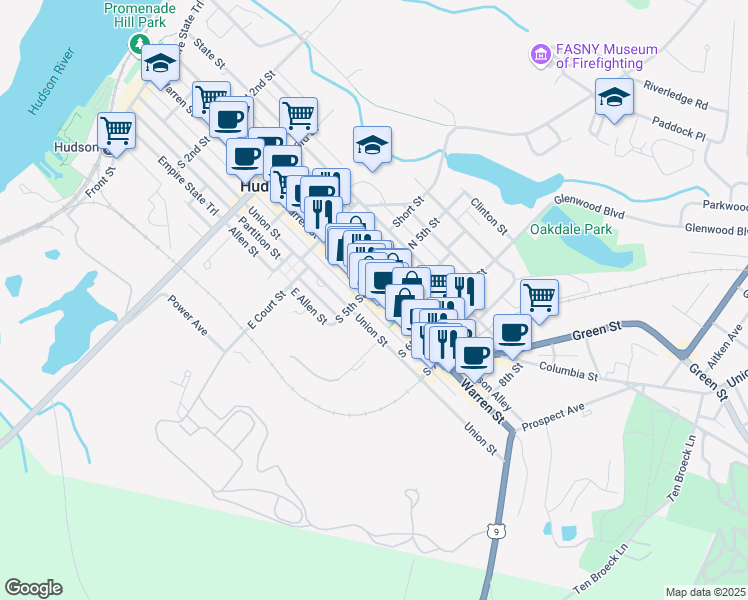 map of restaurants, bars, coffee shops, grocery stores, and more near 501-509 Warren Street in Hudson