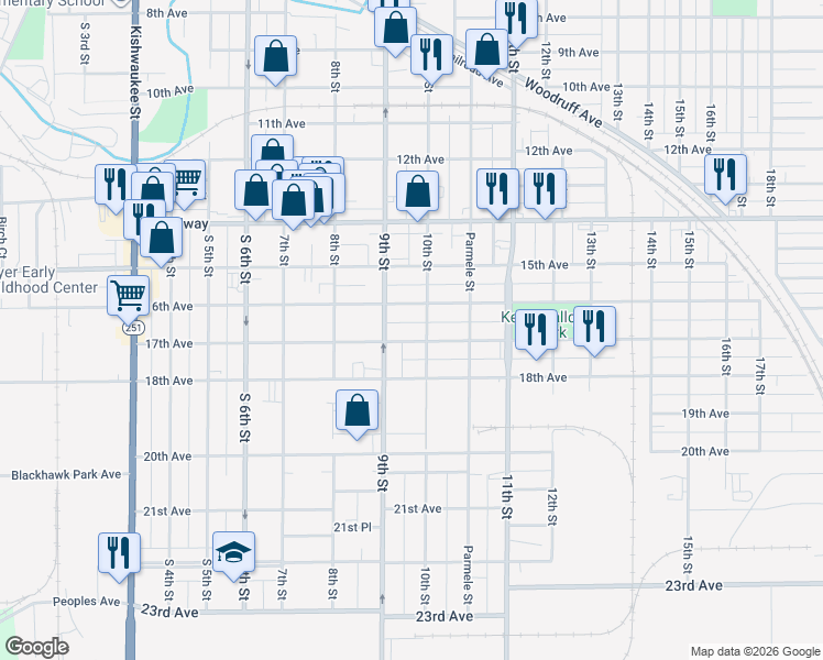 map of restaurants, bars, coffee shops, grocery stores, and more near 1328 17th Avenue in Rockford