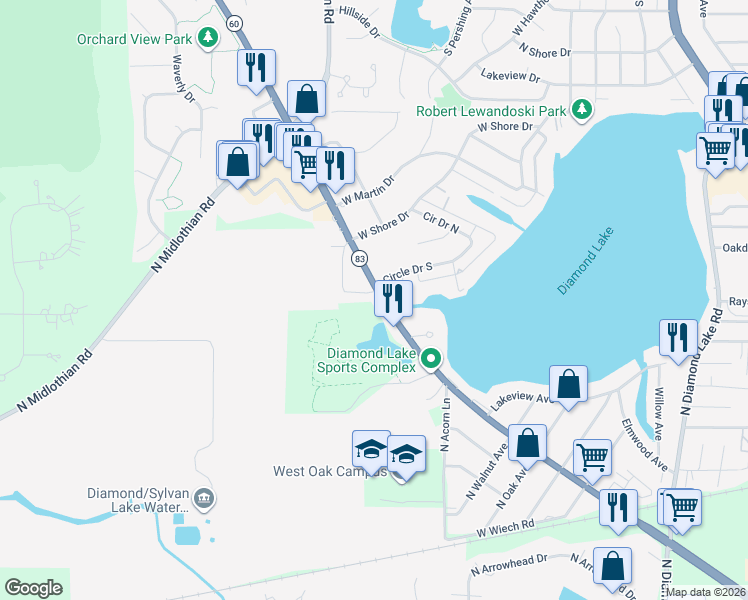 map of restaurants, bars, coffee shops, grocery stores, and more near 26642 Illinois 83 in Mundelein
