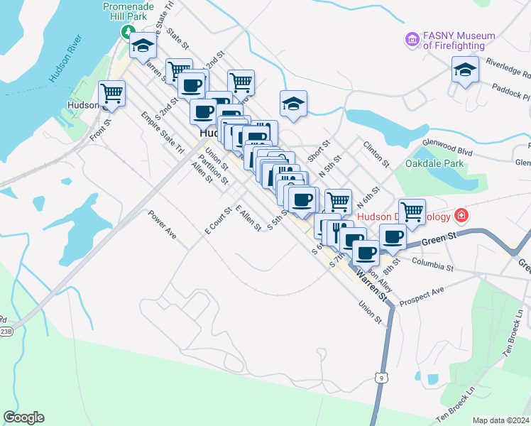map of restaurants, bars, coffee shops, grocery stores, and more near 445 Union Street in Hudson