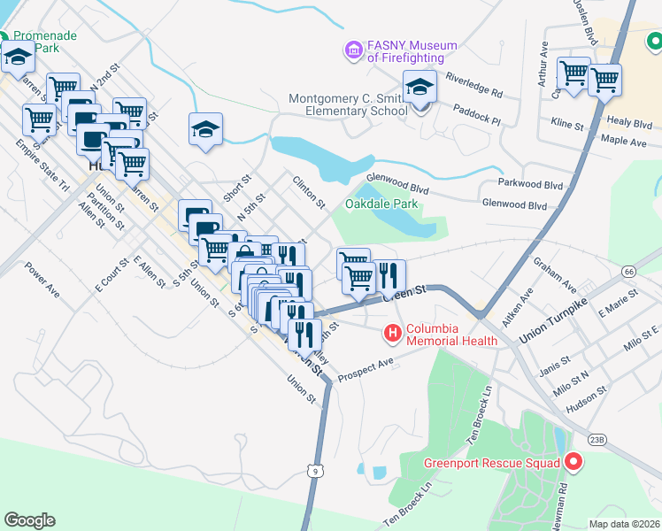 map of restaurants, bars, coffee shops, grocery stores, and more near 88 South 7th Street in Hudson