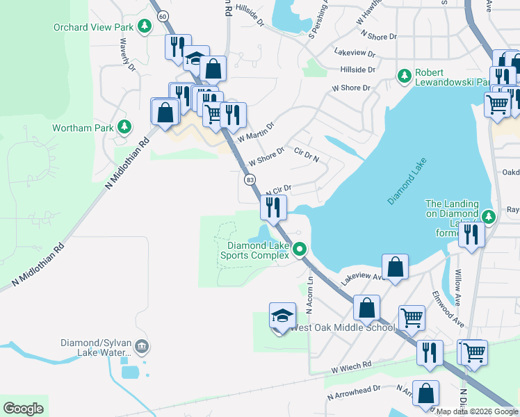 map of restaurants, bars, coffee shops, grocery stores, and more near 26642 Illinois 83 in Mundelein