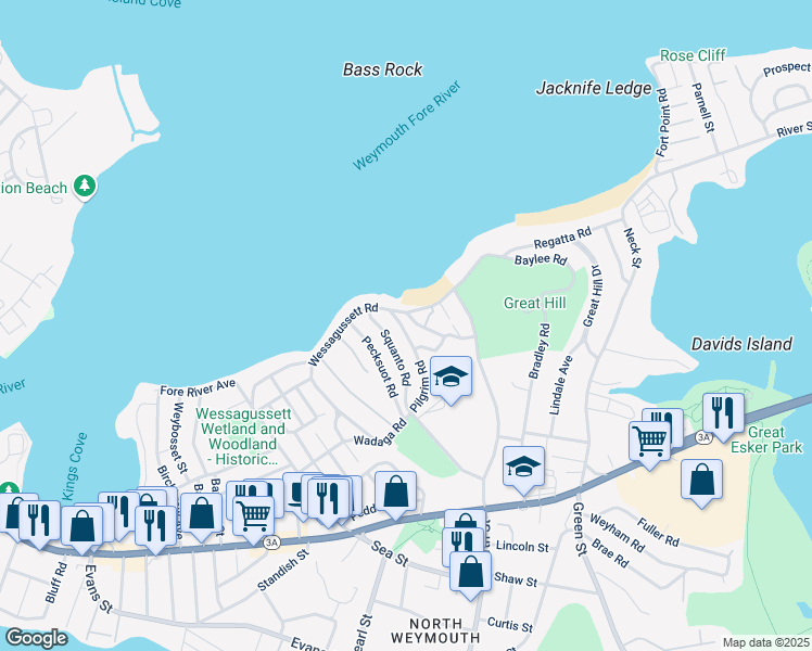 map of restaurants, bars, coffee shops, grocery stores, and more near 162 Pilgrim Road in Weymouth