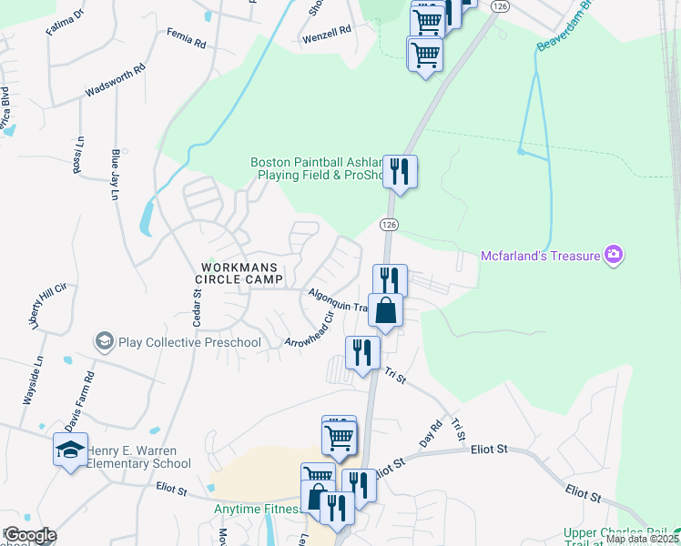 map of restaurants, bars, coffee shops, grocery stores, and more near 202 Half Crown Circle in Ashland
