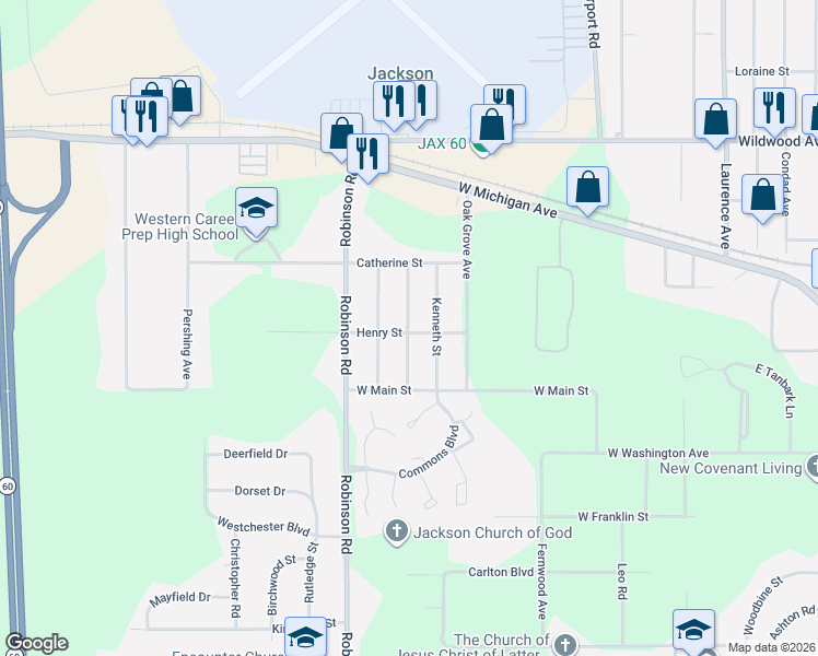 map of restaurants, bars, coffee shops, grocery stores, and more near 3405 Henry Street in Jackson