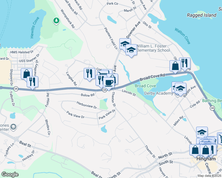 map of restaurants, bars, coffee shops, grocery stores, and more near 181 Lincoln Street in Hingham