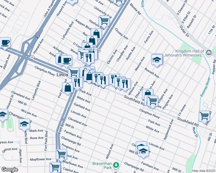 map of restaurants, bars, coffee shops, grocery stores, and more near 1077 Southfield Road in Lincoln Park