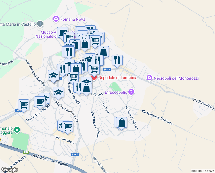 map of restaurants, bars, coffee shops, grocery stores, and more near 62 Via Tirreno in Tarquinia