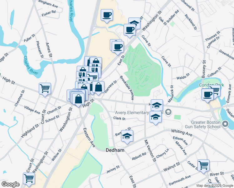 map of restaurants, bars, coffee shops, grocery stores, and more near 449 High Street in Dedham