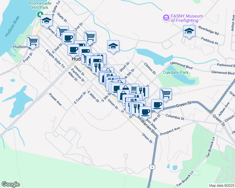 map of restaurants, bars, coffee shops, grocery stores, and more near 501-509 Warren Street in Hudson