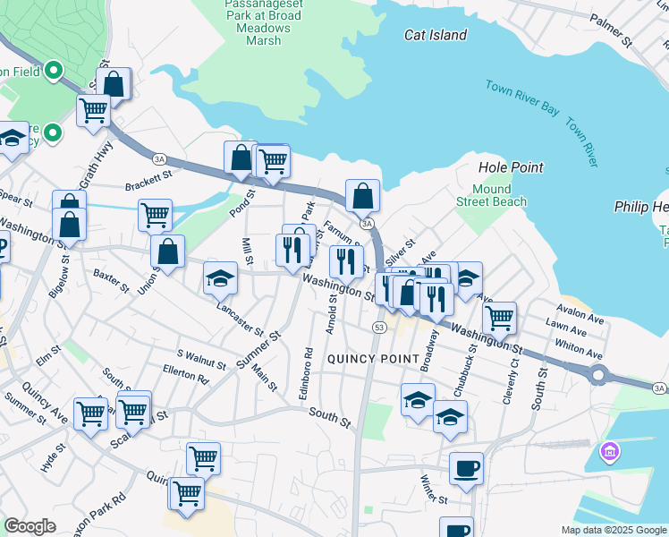 map of restaurants, bars, coffee shops, grocery stores, and more near 11 River Street in Quincy