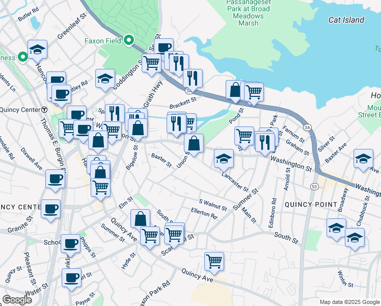 map of restaurants, bars, coffee shops, grocery stores, and more near 69 Union Street in Quincy